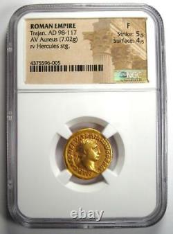 Roman Trajan AV Aureus Gold Coin 98-117 AD Certified NGC Fine 5/5 Strike