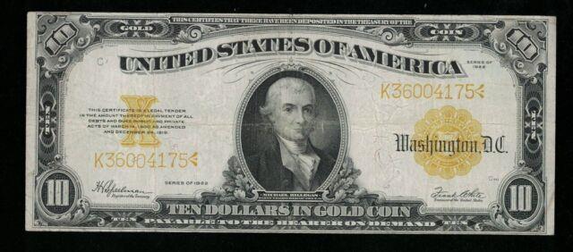 Sc 1922 $10 Gold Certificate Hillegas Gold Coin Note Fr. 1173 (175)