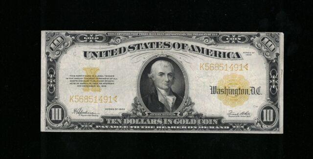 Sc 1922 $10 Gold Certificate Hillegas Gold Coin Note Fr. 1173 (491)