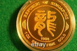 Singapore 1988 1 0z 999.9 Fine Gold-Double Dragon Proof Coin-Mintage 500