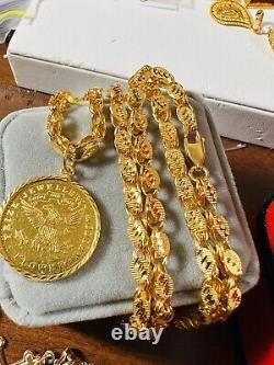Solid 21K Real Fine Gold Round Coin Necklace 21.5 Long 5mm 21.6g