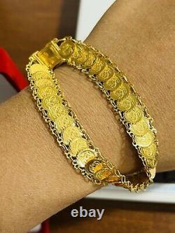 Solid 22K 916 Fine Saudi Real Gold 7.5 Womans Flower Coin Bracelet 14.7g 11mm