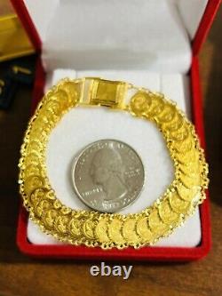 Solid 22K 916 Fine Saudi Real Gold 7.5 Womans Flower Coin Bracelet 14.7g 11mm