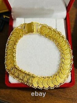 Solid 22K 916 Fine Saudi Real Gold 7.5 Womans Flower Coin Bracelet 14.7g 11mm