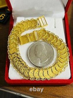 Solid 22K 916 Fine Saudi Real Gold 7.5 Womans Flower Coin Bracelet 14.7g 11mm