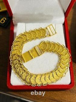 Solid 22K 916 Fine Saudi Real Gold 7.5 Womans Flower Coin Bracelet 14.7g 11mm