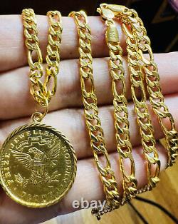 Solid 22K 916 Real Dubai Fine Yellow Gold Coin Set Necklace 24 Long 21.2g 4.5mm