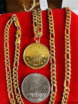 Solid 22K 916 Real Dubai Fine Yellow Gold Coin Set Necklace 24 Long 21.2g 4.5mm