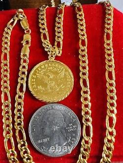 Solid 22K 916 Real Dubai Fine Yellow Gold Coin Set Necklace 24 Long 21.2g 4.5mm