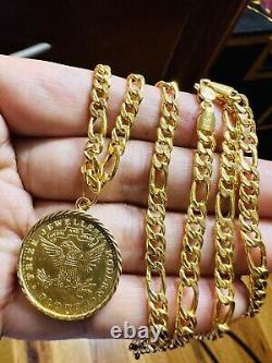 Solid 22K 916 Real Dubai Fine Yellow Gold Coin Set Necklace 24 Long 21.2g 4.5mm