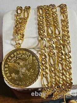 Solid 22K 916 Real Dubai Fine Yellow Gold Coin Set Necklace 24 Long 21.2g 4.5mm