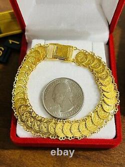 Solid 22K Yellow Saudi Gold Fine 916 Women's Coin Bracelet 7.5 long 11mm 14.7g