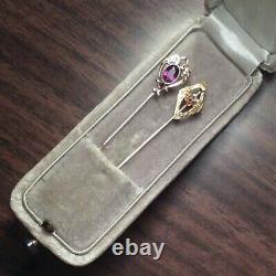 TWO 10K Gold Stick Pins with Gems & Box. Antique charm/coin/bullion/bar/exonumia