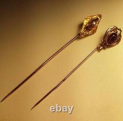 TWO 10K Gold Stick Pins with Gems & Box. Antique charm/coin/bullion/bar/exonumia