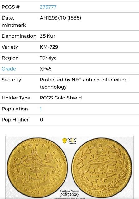 Turkey Ah 1293 / 10 (1885)gold 25 Kurush Pcgs Xf 45 Top Population Of 1