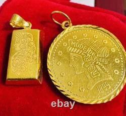 Two (2) Set of Pendant Rectangle & Coin 7.5g 22K 916 Fine Real Saudi Dubai Gold Two (2) Set of Pendant Rectangle & Coin 7.5g 22K 916 Fine Real Saudi Dubai Gold
