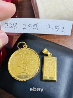 Two (2) Set of Pendant Rectangle & Coin 7.5g 22K 916 Fine Real Saudi Dubai Gold Two (2) Set of Pendant Rectangle & Coin 7.5g 22K 916 Fine Real Saudi Dubai Gold