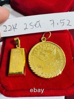 Two (2) Set of Pendant Rectangle & Coin 7.5g 22K 916 Fine Real Saudi Dubai Gold Two (2) Set of Pendant Rectangle & Coin 7.5g 22K 916 Fine Real Saudi Dubai Gold