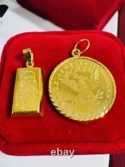 Two (2) Set of Pendant Rectangle & Coin 7.5g 22K 916 Fine Real Saudi Dubai Gold Two (2) Set of Pendant Rectangle & Coin 7.5g 22K 916 Fine Real Saudi Dubai Gold