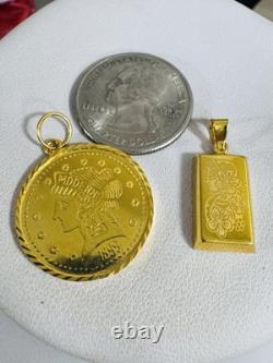 Two (2) Set of Pendant Rectangle & Coin 7.5g 22K 916 Fine Real Saudi Dubai Gold Two (2) Set of Pendant Rectangle & Coin 7.5g 22K 916 Fine Real Saudi Dubai Gold