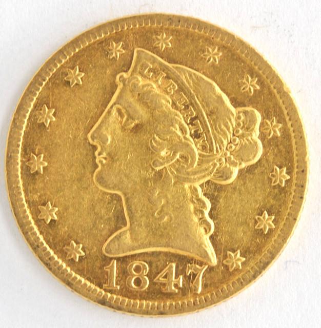 United States 1847 $5 Liberty Head. 900 Fine Gold Half Eagle Philadelphia Coin