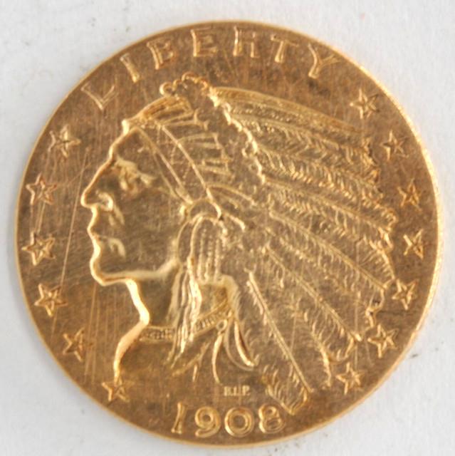 United States 1908 Indian $2.50 Quarter Eagle. 900 Fine Gold Philadelphia Coin