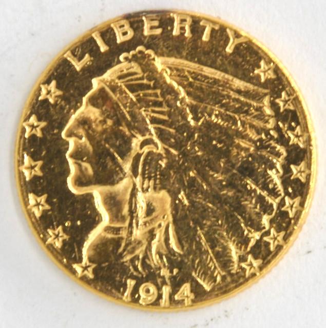 United States 1914-d Indian $2.50 Quarter Eagle. 900 Fine Gold Denver Mint Coin