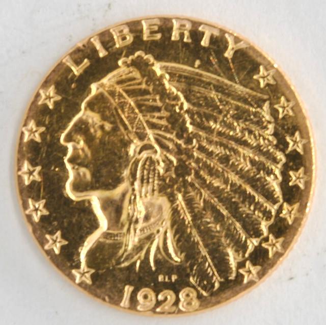 United States 1928 Indian $2.50 Quarter Eagle. 900 Fine Gold Philadelphia Coin