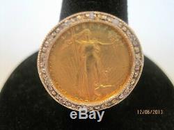 VINTAGE 14k GOLD 10 DIAMONDS & $5 1/10 Eagle GOLD Coin RING AT 9.1gr SIZE 7.75