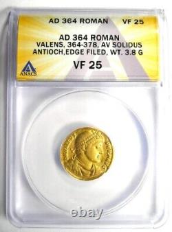 Valens AV Solidus Gold Roman Coin 364-378 AD Certified ANACS VF25 (Very Fine)
