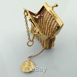 Vintage 14K Yellow Gold Mesh Coin Purse with Lucky Penny Pendant Charm Opens