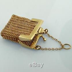 Vintage 14K Yellow Gold Mesh Coin Purse with Lucky Penny Pendant Charm Opens