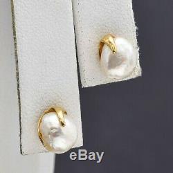 Vintage 14K Yellow Gold White Baroque Coin Pearl Stud Earrings 1.8 Grams