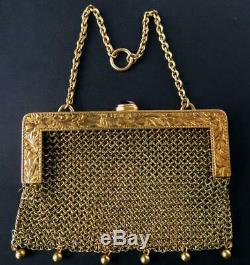 Vintage 14k Gold Art Deco Chatelaine Mesh Mini Coin Purse Tourmaline Clasp 44.4g