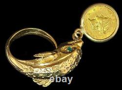 Vintage 14kt Gold Ladies Dolphin Ring With Emerald Eyes With1849 $1 Gold Coin 8.60gr