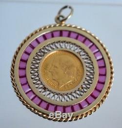 Vintage 1945 Dos Y Medio 2 1/2 Peso Mexico Gold Coin 14Kt Ruby Pendant Necklace