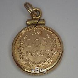 Vintage 21k 900 Gold 1945 Dos Pesos Coin Pendant Or Charm Gold Filled Bezel