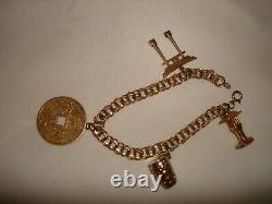 Vintage 4 Pc Charms Lucky Coin Double Chain Bracelet 14 Karat Solid Gold 7 L