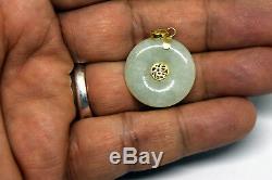 Vintage Chinese 14K Solid Gold and Apple Green Jade Coin Pendant 22mm