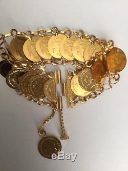 Vintage Egyptian Revival Stamped 21K Yellow Gold Heavy 27.5 Gms Coins Bracelet