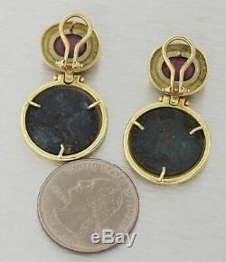 Vintage Estate 14k Yellow Gold Tourmaline Ancient Greek Coin Earrings