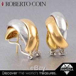 Vintage Roberto Coin 18k White & Yellow Gold Woven J-Hoop Crossover Earrings