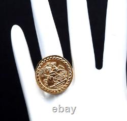 Vintage St George Coin Ring Medal Filigree Solid 9K 375 Yellow Gold Fine Jewelry