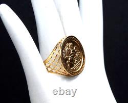 Vintage St George Coin Ring Medal Filigree Solid 9K 375 Yellow Gold Fine Jewelry