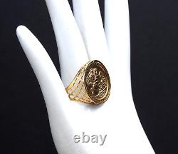 Vintage St George Coin Ring Medal Filigree Solid 9K 375 Yellow Gold Fine Jewelry