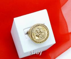 Vintage St George Coin Ring Medal Filigree Solid 9K 375 Yellow Gold Fine Jewelry