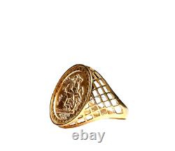 Vintage St George Coin Ring Medal Filigree Solid 9K 375 Yellow Gold Fine Jewelry