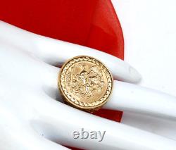 Vintage St George Coin Ring Medal Filigree Solid 9K 375 Yellow Gold Fine Jewelry