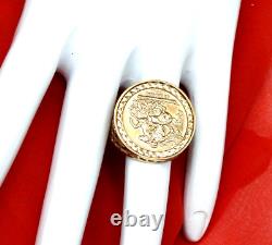 Vintage St George Coin Ring Medal Filigree Solid 9K 375 Yellow Gold Fine Jewelry