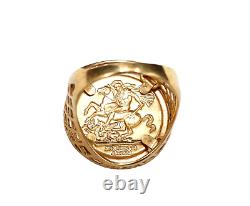 Vintage St George Coin Ring Medal Filigree Solid 9K 375 Yellow Gold Fine Jewelry